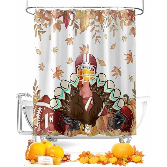 Fall Thanksgiving Turkey Shower Curtain for Bathroom, Thanksgiving Autumn Rugby Maple Leaf Art Design Shower Curtain, Orange Waterproof Shower Curtain Set for Holiday Bathroom Bathtub Decor,72x72IN