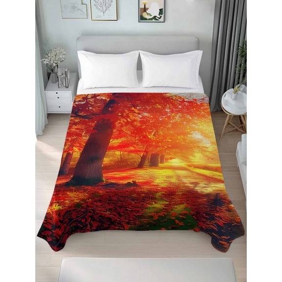 Fall Thanksgiving Twim XL Size Flat Sheet, Wrinkleproof & Fadeproof Cooling Flat Bed Sheet Only, Red Orange Sunrise Forest Autumn Breathable Soft Bedding Top Sheets 66 x 102 Inches