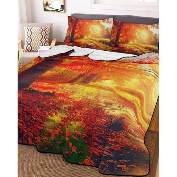 Fall Thanksgiving Twin Size Down Alternative Comforter, Lightweight Comforter Quilt Bedding Set with Pillow Shams Red Orange Sunrise Forest Autumn All Seasons Bed Comforter Duvet Insert 68"x86"