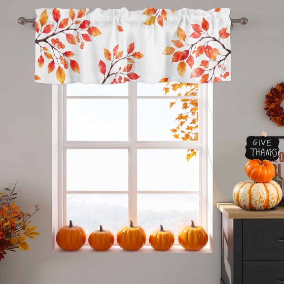 Fall Thanksgiving Valance Curtain 1 Panel, Rustic Orange Rowan Leaf Berry Tree Branch Kitchen Valance with Rod Pocket Window Treatment Short Curtains for Bathroom Bedroom, 42 x 12 Inches