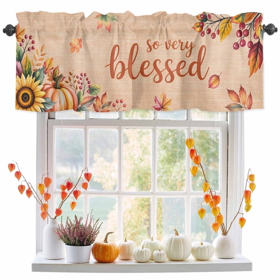 Fall Thanksgiving Valance Curtains for Kitchen 54"W x 18"L, Autumn Orange Pumpkin Sunflower Rod Pocket Short Curtains Light Filtering Window Treatment Valance for Bathroom Bedroom