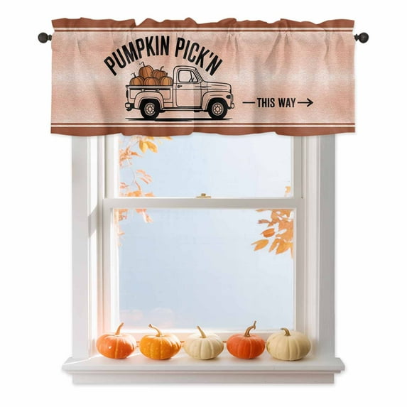 Fall Thanksgiving Valances for Windows, 42 x 18in, Autumn Pumpkin Car Brown Texture Rod Pocket Kitchen Valance Curtain Light Filtering Window Treatments for Living Room Bedroom, 1 Panel