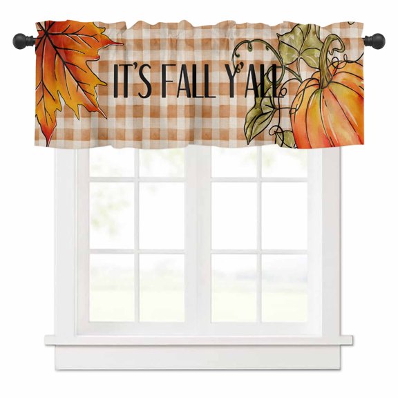 Fall Thanksgiving Valances for Windows Orange Pumpkin Fall Maple Leave Rod Pocket Curtain Valance Window Treatment Short Curtains for Kitchen Living Room, 60"x14"