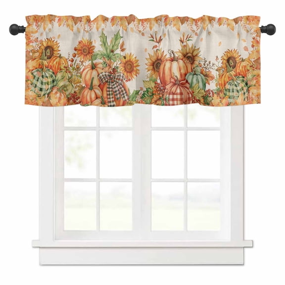 Fall Thanksgiving Valances for Windows Pumpkin Sunflower Leaves Linen Rod Pocket Curtain Valance Window Treatment Short Curtains for Kitchen Living Room, 60"x14"