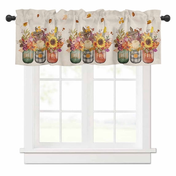 Fall Thanksgiving Valances for Windows Pumpkin Sunflowers Linen Texture Rod Pocket Curtain Valance Window Treatment Short Curtains for Kitchen Living Room, 60"x18"