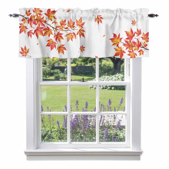 Fall Thanksgiving Valances for Windows, Rustic Orange Floating Maple Leaf Tree Branch Valance Window Treatment Rod Pocket Short Curtains Valances for Kitchen Bathroom 42"W x 12"L