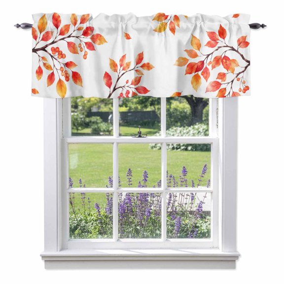 Fall Thanksgiving Valances for Windows, Rustic Orange Rowan Leaf Berry Tree Branch Valance Window Treatment Rod Pocket Short Curtains Valances for Kitchen Bathroom 54"W x 18"L