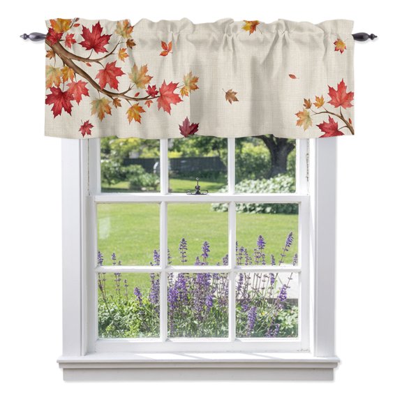 Fall Thanksgiving Valances for Windows, Rustic Red Maple Leaf Branch Linen Texture Valance Window Treatment Rod Pocket Short Curtains Valances for Kitchen Bathroom 54"W x 18"L
