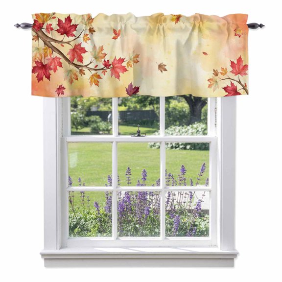Fall Thanksgiving Valances for Windows, Rustic Red Yellow Maple Leaf Branch Watercolor Valance Window Treatment Rod Pocket Short Curtains Valances for Kitchen Bathroom 42"W x 12"L