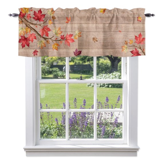 Fall Thanksgiving Valances for Windows, Rustic Red Yellow Maple Leaf Branch Wood Grain Valance Window Treatment Rod Pocket Short Curtains Valances for Kitchen Bathroom 42"W x 12"L