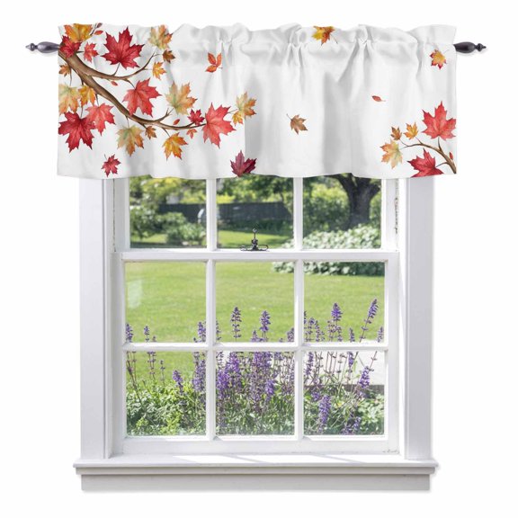Fall Thanksgiving Valances for Windows, Rustic Red Yellow Maple Leaf Tree Branch Twig Valance Window Treatment Rod Pocket Short Curtains Valances for Kitchen Bathroom 42"W x 12"L