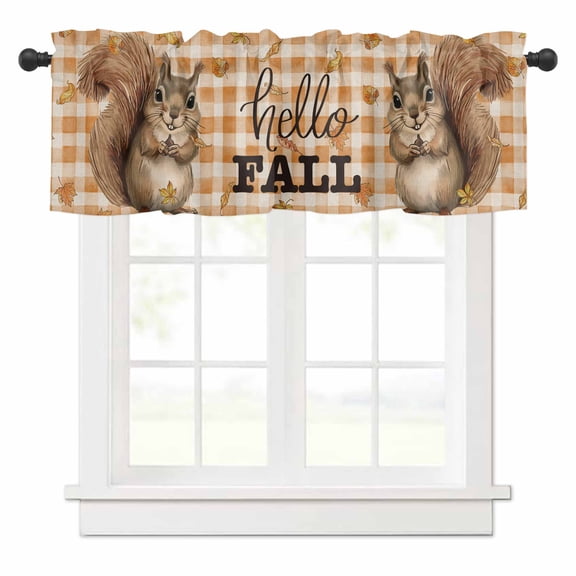 Fall Thanksgiving Valances for Windows Squirrel Pumpkin Fall Leaves Rod Pocket Curtain Valance Window Treatment Short Curtains for Kitchen Living Room, 42"x12"