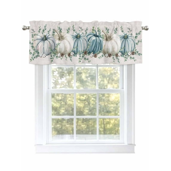 Fall Thanksgiving Valances for Windows White Blue Pumpkin Leaves Linen Texture Kitchen Valance Curtain Rod Pocket Small Curtains for Cafe Bathroom Laundry Basement 60" x 18"