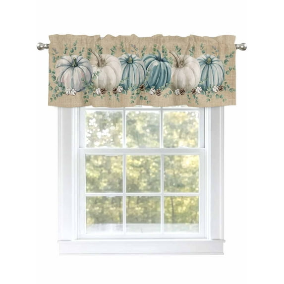 Fall Thanksgiving Valances for Windows White Green Pumpkins Leaves Linen Texture Kitchen Valance Curtain Rod Pocket Small Curtains for Cafe Bathroom Laundry Basement 42" x 18"
