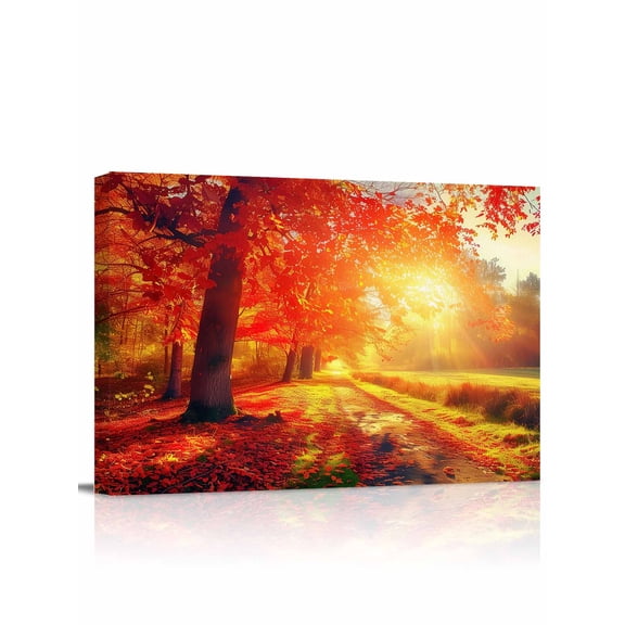 Fall Thanksgiving Wall Art for Living Room,Canvas Picture Wall Decor for Bathroom Bedroom,Red Orange Sunrise Forest Autumn Painting Artwork for Office Kitchen Hallway Dining Room Home Decor 12"x16"