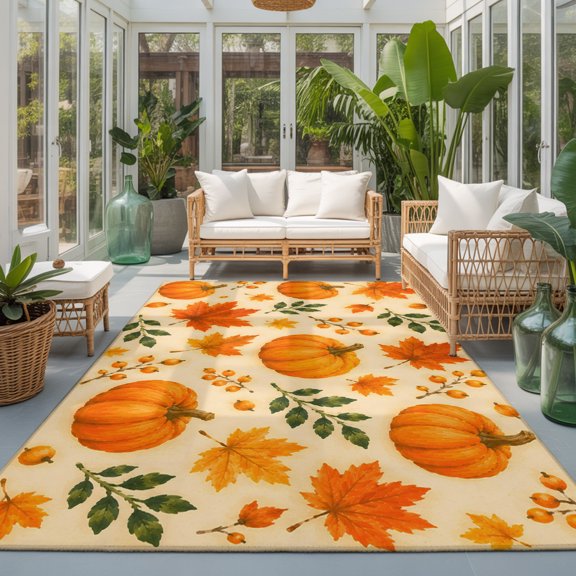 Fall Thanksgiving Washable Area Rugs 3'x5', Harvest Orange Pumpkin Maple Leaf Retro Farmhouse Washable Throw Living Room Rug Non-Slip Sturdy Edge Binding Carpet for Indoor Entryway Bedside Kitchen