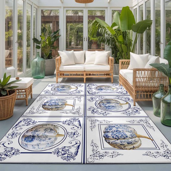 Fall Thanksgiving Washable Area Rugs 3'x5', Pumpkin Blue and White Porcelain Floral Plaid Washable Throw Living Room Rug Non-Slip Sturdy Edge Binding Carpet for Indoor Entryway Bedside Kitchen