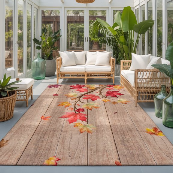 Fall Thanksgiving Washable Area Rugs 3'x5', Rustic Red Yellow Maple Leaf Branch Wood Grain Washable Throw Living Room Rug Non-Slip Sturdy Edge Binding Carpet for Indoor Entryway Bedside Kitchen