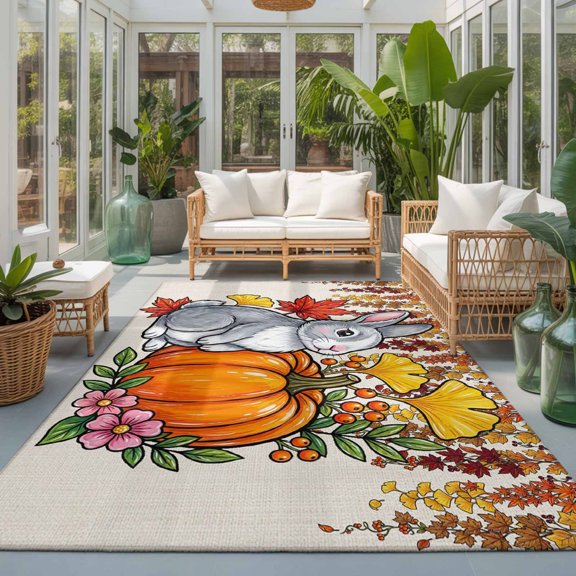 Fall Thanksgiving Washable Living Room Rugs 9'x12', Rustic Rabbit Orange Pumpkin Maple Leaves Washable Throw Large Area Rug Non-Slip Sturdy Edge Binding Carpet for Bedroom Dining Room Office