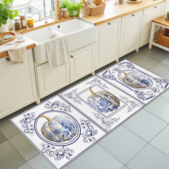 Fall Thanksgiving Washable Runner Rugs 2'x6', Pumpkin Blue and White Porcelain Floral Plaid Washable Runner Rug Non-Slip Sturdy Edge Binding Carpet for Bedside Hallway Runner Kitchen Galley