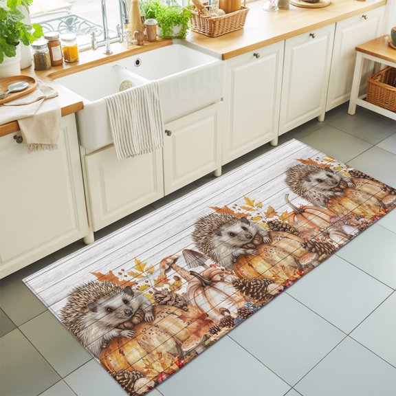 Fall Thanksgiving Washable Runner Rugs 2'x6', Pumpkin Hedgehog Pine Cones Wood Grain Washable Runner Rug Non-Slip Sturdy Edge Binding Carpet for Bedside Hallway Runner Kitchen Galley