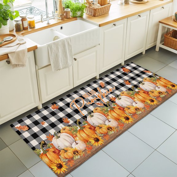 Fall Thanksgiving Washable Runner Rugs 2'x6', Pumpkin Sunflower Maple Leaves Black White Plaid Washable Runner Rug Non-Slip Sturdy Edge Binding Carpet for Bedside Hallway Runner Kitchen Galley