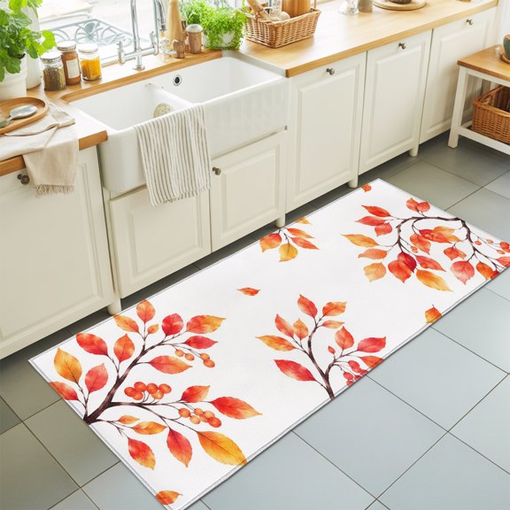 Fall Thanksgiving Washable Runner Rugs 2'x6', Rustic Orange Rowan Leaf Berry Tree Branch Washable Runner Rug Non-Slip Sturdy Edge Binding Carpet for Bedside Hallway Runner Kitchen Galley
