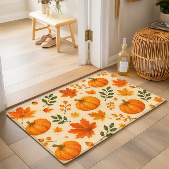 Fall Thanksgiving Washable Small Entryway Area Rugs 2'x3', Harvest Orange Pumpkin Maple Leaf Retro Farmhouse Washable Throw Rug Non-Slip Sturdy Edge Binding Carpet for Front Door Floor Room Entry