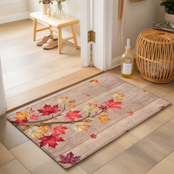 Fall Thanksgiving Washable Small Entryway Area Rugs 2'x3', Rustic Red Yellow Maple Leaf Branch Wood Grain Washable Throw Rug Non-Slip Sturdy Edge Binding Carpet for Front Door Floor Room Entry