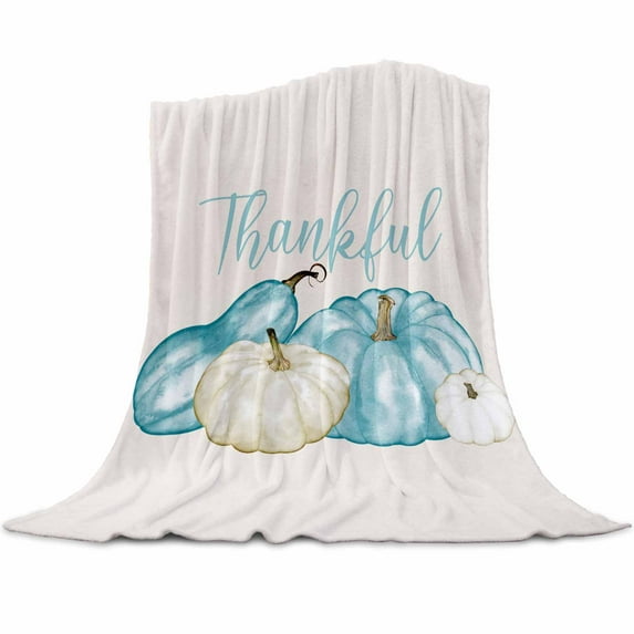 Fall Thanksgiving White Blue Pumpkin Watercolor Flannel Blanket for Bed,Travel and Camping, Super Soft Cozy Blanket for All Seasons 30"x40"
