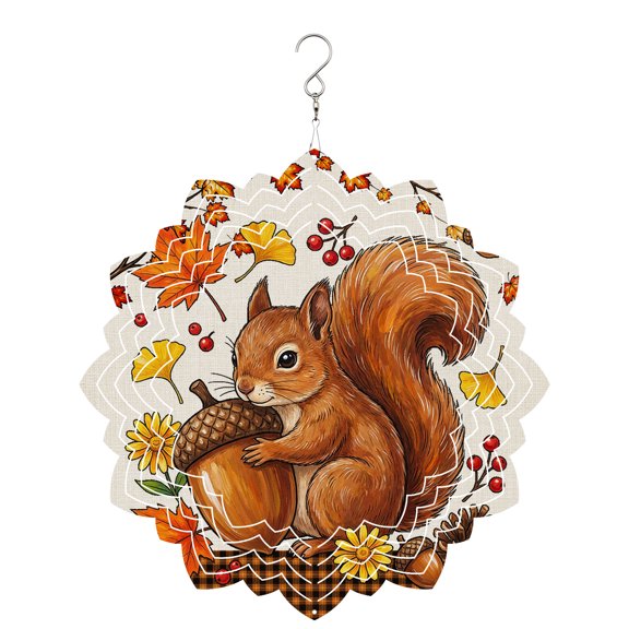 Fall Thanksgiving Wind Spinner for Garden Yard 8In, Rustic Squirrel Acorn Orange Gingham Base 3D Stainless Steel Kinetic Hanging Wind Spinners Rustproof Outdoor Decor for Lawn Patio Home
