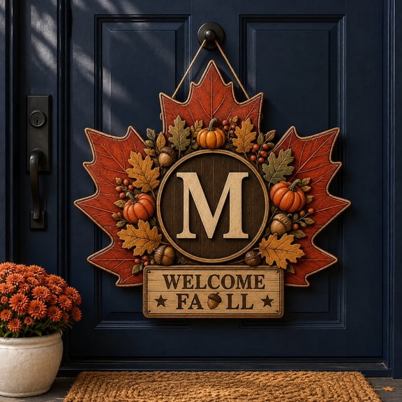 Fall Thanksgiving Wooden Door Sign, Maple Leaf Monogram Welcome Hanging for Seasonal Entryway
