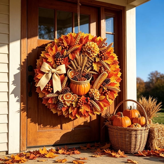 Fall Thanksgiving Wreath Harvest Front Door Decoration Wooden Sign Hanging Autumn Seasonal Decor for Home Porch Wall Fireplace