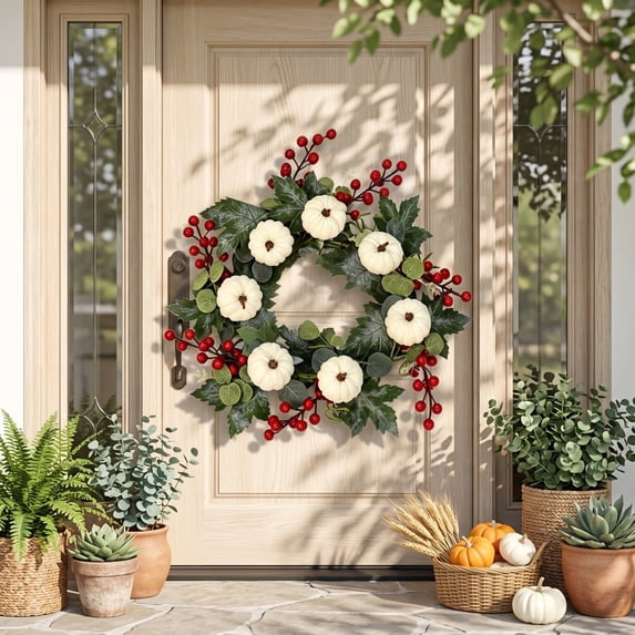 Fall Thanksgiving Wreath with White Pumpkins Red Berries, Artificial Autumn Front Door Wreath for Spring, Summer, Fall,Thanksgiving, Wedding, Harvest Home Decor by XSAOP