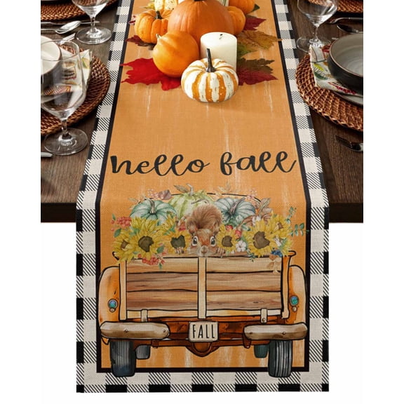 Fall ThanksgivingPumpkins Table Runner-Cotton Linen- 48 Inch Holiday Dresser Scarves, Buffalo Black Plaid Truck Squirrel Tablerunner for Kitchen Coffee/Dining Living Room Dinner Scarf Décor 13x48