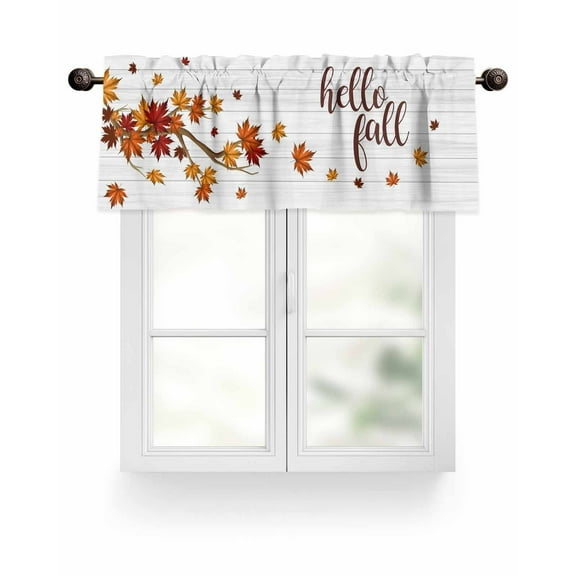 Fall Thansgiving Kitchen Valances for Windows Orange Maple Leaf Valance Curtains for Kitchen /Living Room/Bedroom/ Bathroom Decor, 54"x18 " ,Rod Pocket 1 Panel, White Wood Texture