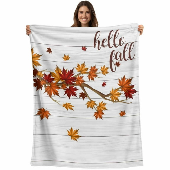 Fall Thansgiving Throw Blankets, Orange Maple Leaf Soft Fleece Blanket Decorative for Home Sofa Couch Chair Living Bedroom, 30x40 Inches, White Wood Texture