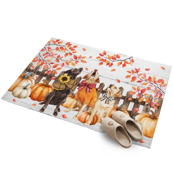 Fall Theme 2'x3' Small Rugs for Entryway Front Door Kitchen Sink Area, Funny Dog Pumpkin Maple Leaf White Wood Soft Sturdy Mats Washable Non Slip Rectangle Area Rug