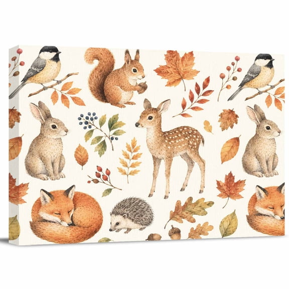 Fall Theme Canvas Print Wall Art, Squirrel Rabbit Deer Fox Maple Leaf Thanksgiving Wall Decor Modern Artwork Paintings Pictures for Living Room Stretched and Framed Ready to Hang - 24" x 32"