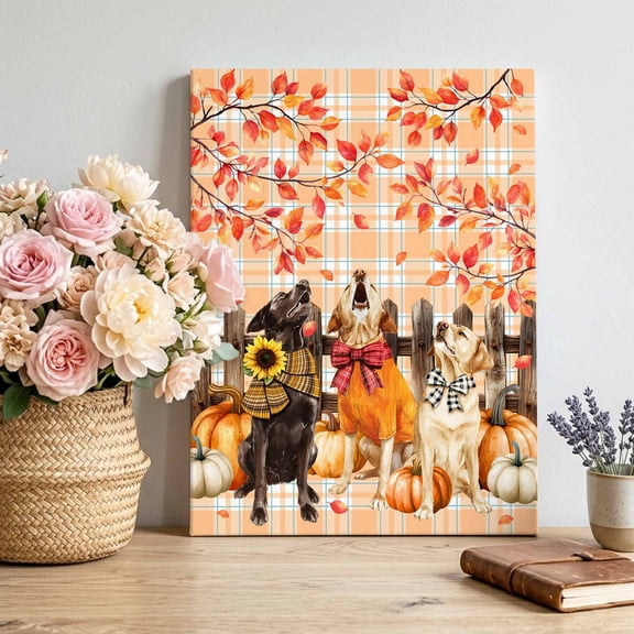 Fall Theme Canvas Wall Art for Living Room, Funny Dog Pumpkin Maple Leaf Orange Plaid Poster Print Painting for Bedroom Office Home Decoration Wall Pictures Prepare To Hang 24"x32"