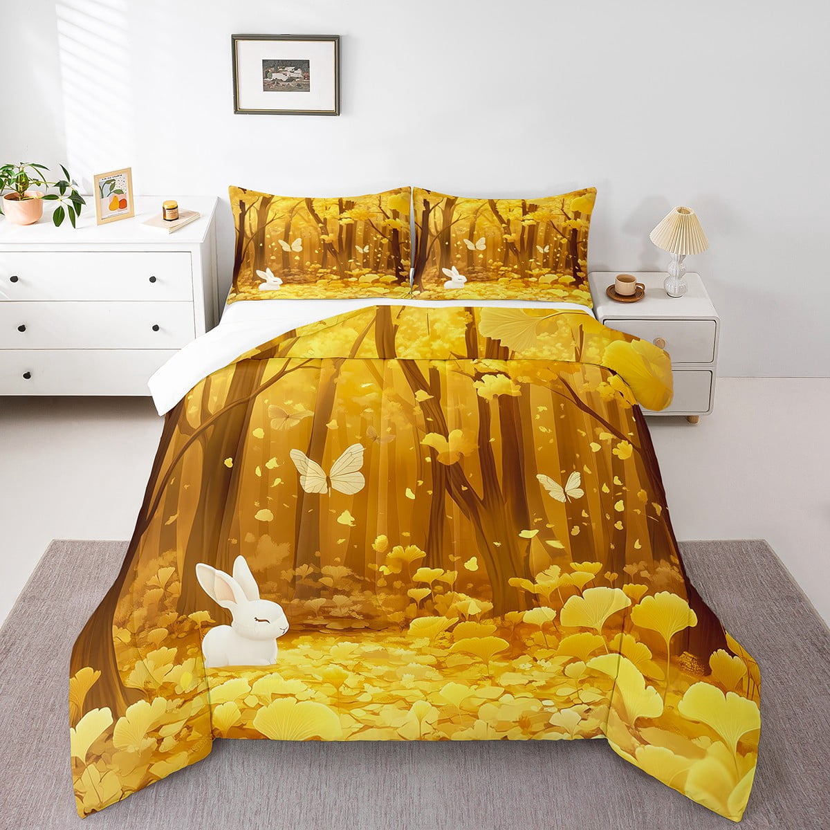 Fall Theme Comforter Set Ginkgo Tree Leaves Bedding Set Queen Room ...