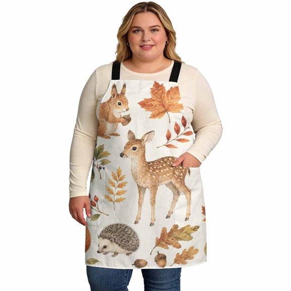 Fall Theme Cooking Aprons for Men with 2 Pockets, 39"x59" Squirrel Rabbit Deer Fox Maple Leaf Thanksgiving CrossBack Adjustable Straps Kitchen Aprons, Plus Bib Apron for Baking Gardening