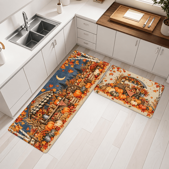 Fall Theme Kitchen Mat Set of 2, Non Slip Soft Floor Mats with Harvest Pumpkin Maple Leaf Print, Navy & Beige, 16"x24" + 18"x48"