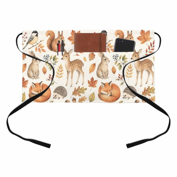 Fall Theme Kitchen Restaurant Half Waist Apron, Squirrel Rabbit Deer Fox Maple Leaf Thanksgiving Server Short Apron with 3 Pockets Waterproof Oil Waist Aprons for Women Waitress Waiter