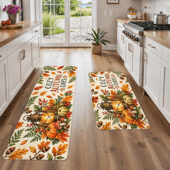 Fall Theme Kitchen Rug Set, Watercolor Autumn Pattern, Beige Base with Warm Orange Tones, 2 Pcs, 16in*24in + 18in*48in