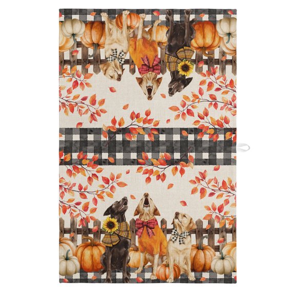 Fall Theme Kitchen Towels Dish Towel Pack of 1 Funny Dog Pumpkin Maple Leaf Linen Texture Soft Dish Cloth Set Absorbent Dishcloth for Drying Dishes, Hand Towels 18 x 28 Inches