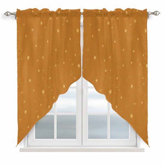 Fall Theme Swag Curtain Valance for Windows, Burnt Orange Stars Shining Sparkles Thanksgiving Window Treatments Short Swag Topper for Kitchen Windows Bathroom Bedroom, 28"x36"