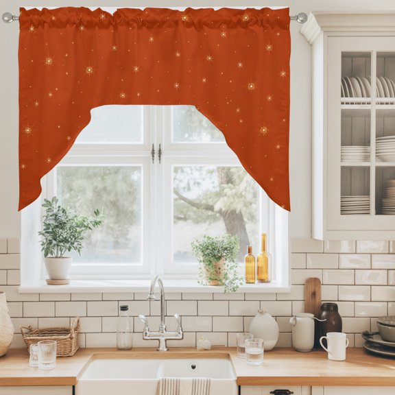 Fall Theme Swag Curtain Valance for Windows, Dark Red Stars Shining Sparkles Thanksgiving Swag Curtains Drapes Rod Pocket for Kitchen Bathroom Small Window, 1 Panel 56x36in