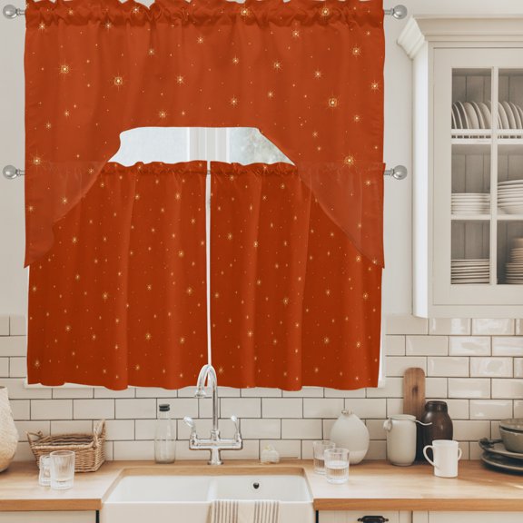 Fall Theme Swag Curtains Valance and Tier Set, Dark Red Stars Shining Sparkles Thanksgiving Swag Curtains Drapes Rod Pocket for Kitchen Bathroom Small Window, 3 Pieces 56x36in+27.5x36*2