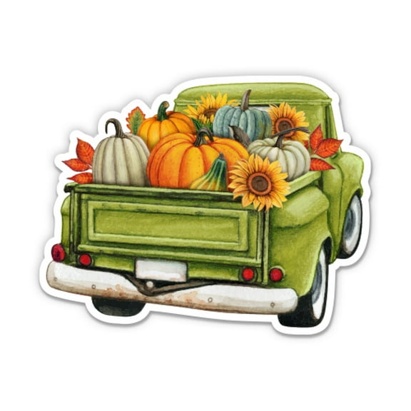 Fall Theme Vintage Truck with Pumpkins Farm - 3" Vinyl Sticker - For Car Laptop Water Bottle Phone - Waterproof Decal